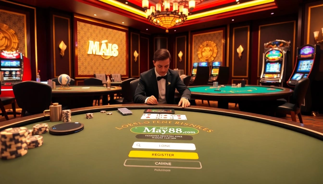 Experience the excitement of may88 com đăng ký with a stunning casino backdrop, highlighting blackjack and gaming.