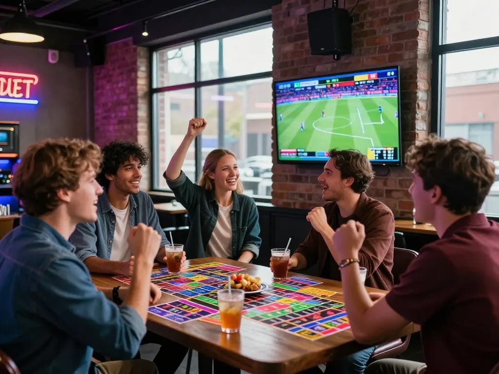 Exciting sportsbook scene showing friends engaging with debet betting during a live sports event