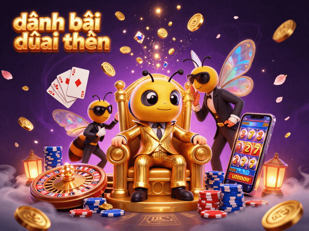 Engage in đánh bài đổi thưởng with a vibrant casino scene featuring a bumblebee mob boss and treasures.