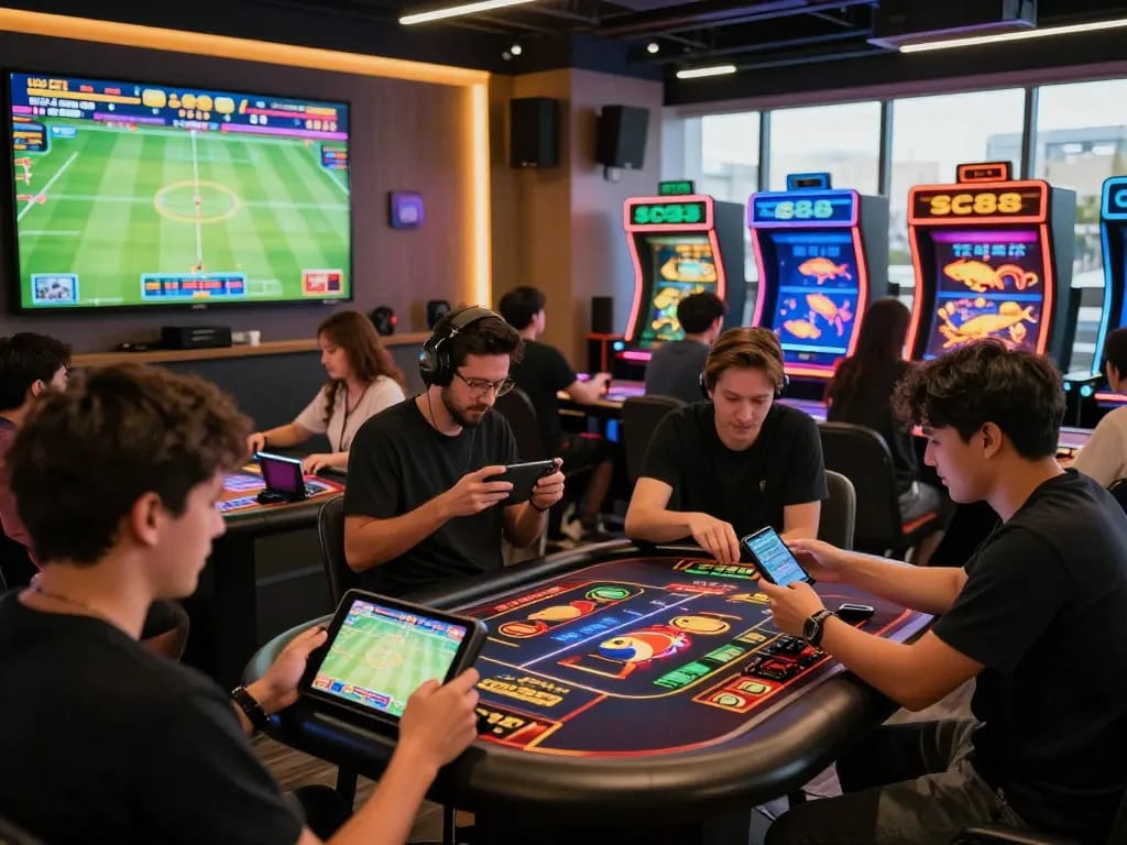 Players engaging in exciting SC88 online betting games in a modern gaming lounge.