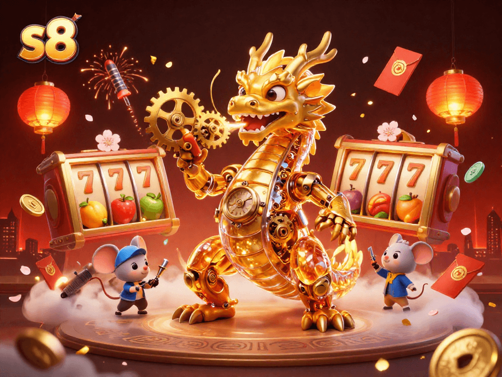 Win thrilling jackpots while playing s8 with an enchanting golden dragon and vibrant slot elements.