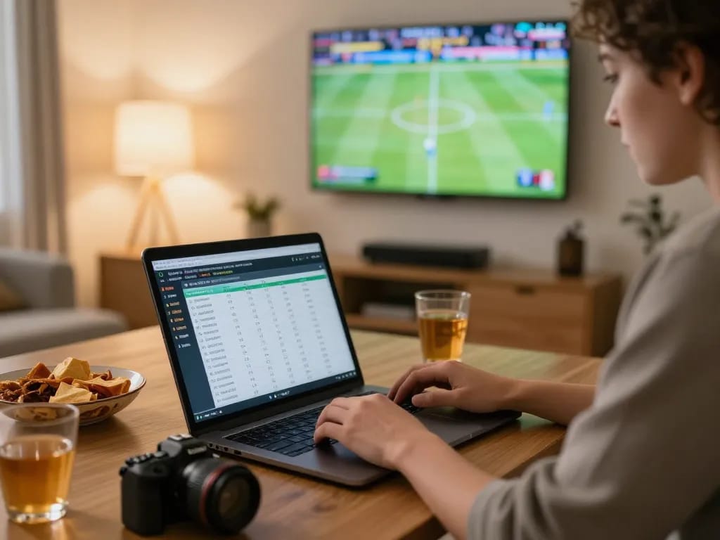 RR88 user strategizing sports bets at home with laptop and game statistics displayed.