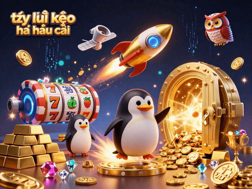 Win at tỷ lệ kèo nhà cái with a vibrant 3D illustration of a golden penguin and colorful casino elements.