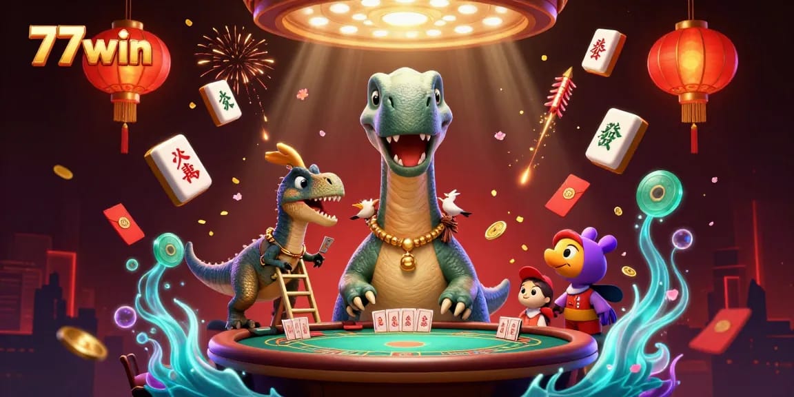 77win showcases vibrant casino action with a towering brontosaurus and clever dealer in a dynamic scene.