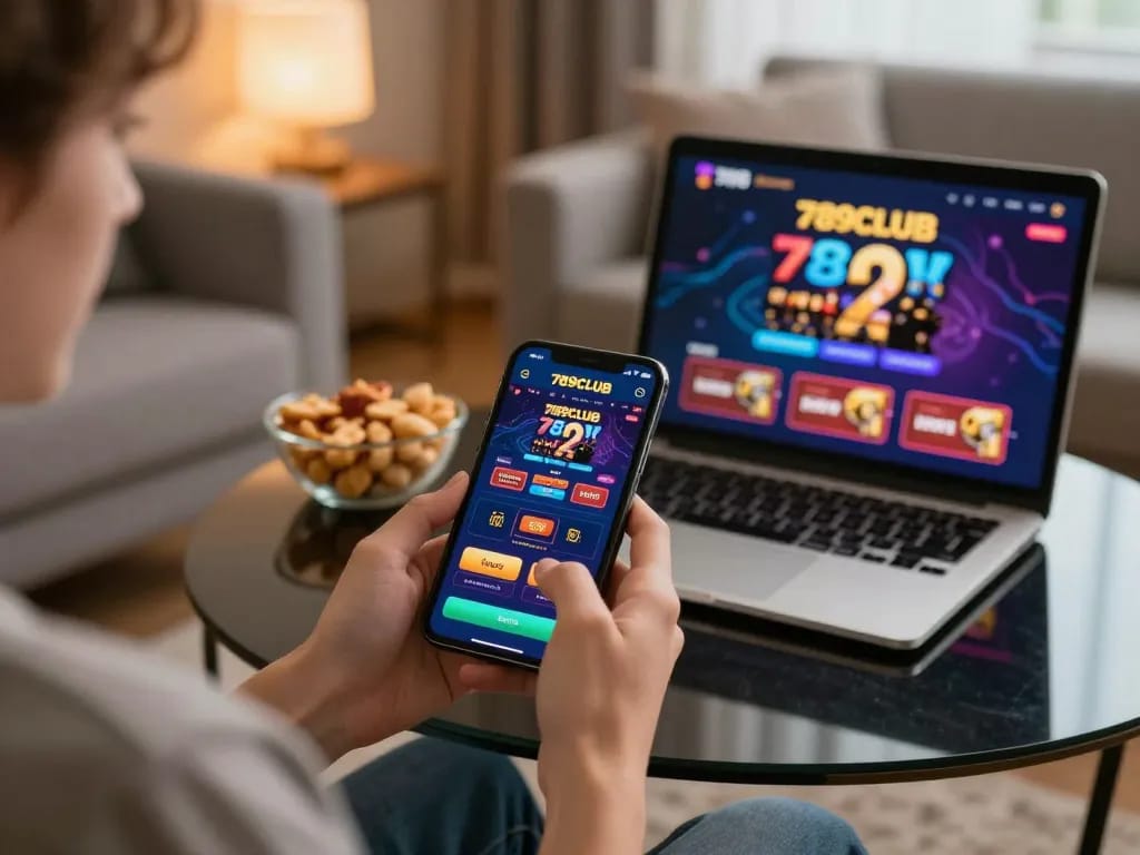 Engaged user exploring the 789CLUB app on a smartphone in a cozy home setting, showcasing vibrant gaming experience.