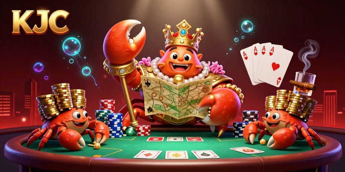 KJC showcases an imperial crab emperor amidst lively poker elements, exuding a luxurious gaming atmosphere.