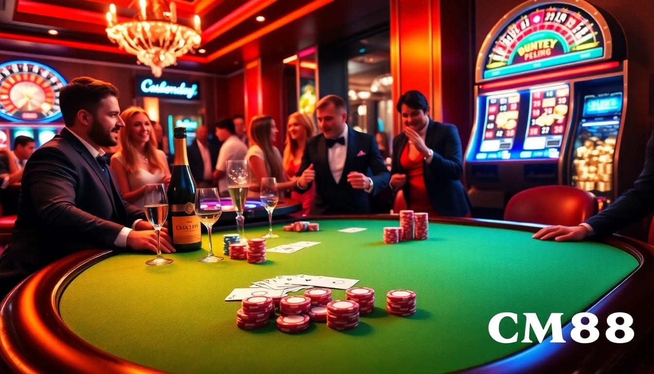 Gambling table scene showcasing CM88 excitement with poker chips and playing cards.
