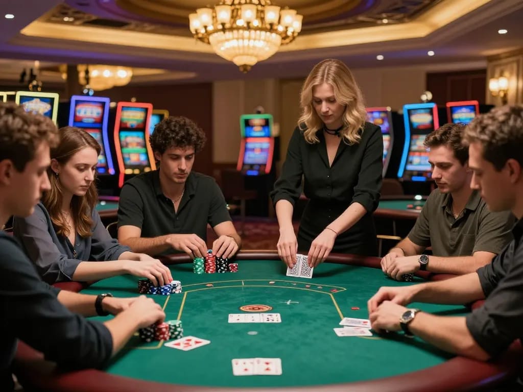 Engaged players strategizing at a rikvip poker table in an upscale casino environment