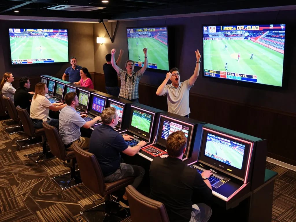 Bet88 sports betting show patrons engaged in live betting, excitement visible on screens and betting counters