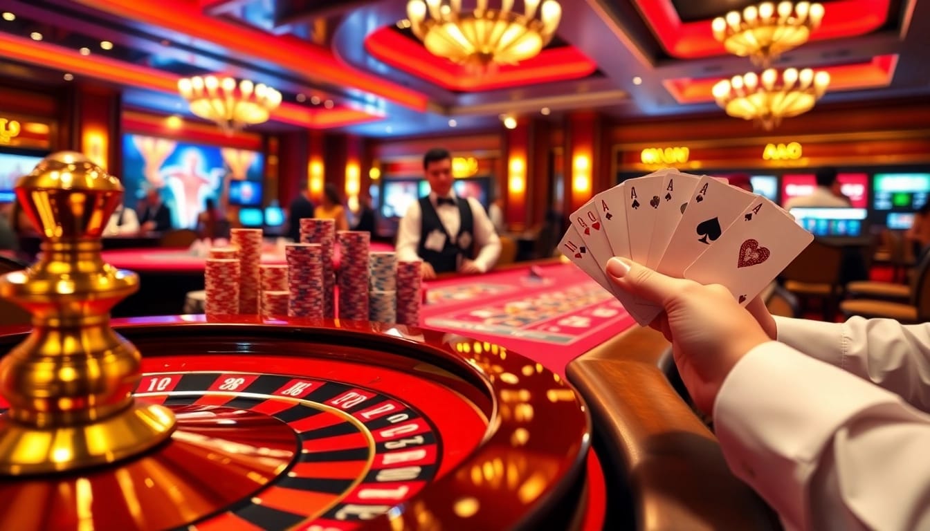 Experience the thrill of gambling at nhà cái 888VND with vibrant casino tables and winning chips.