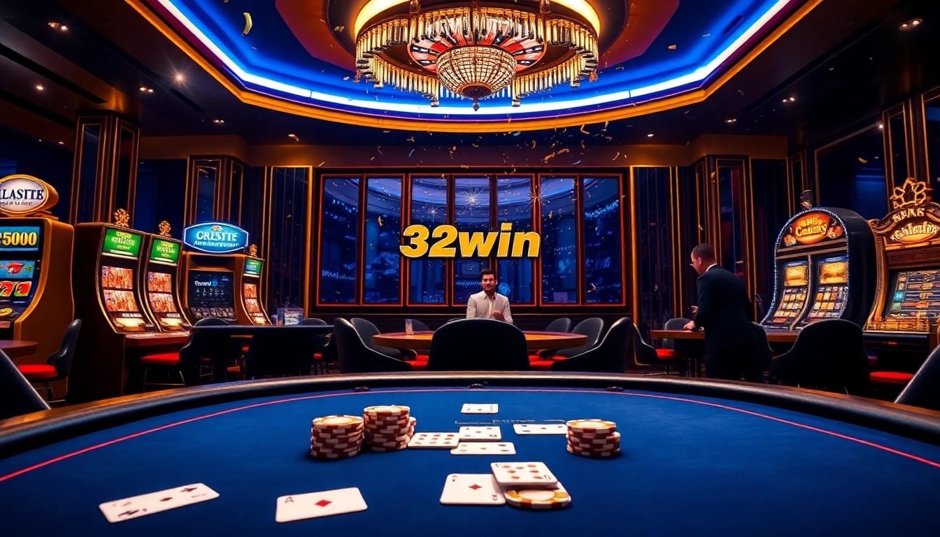 Experience 32win.style with high-stakes poker at a luxurious casino table, showcasing elegant chips and cards.