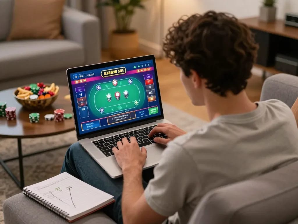 Sunwin players engaging in online poker gameplay, showcasing a cozy and strategic home gaming atmosphere