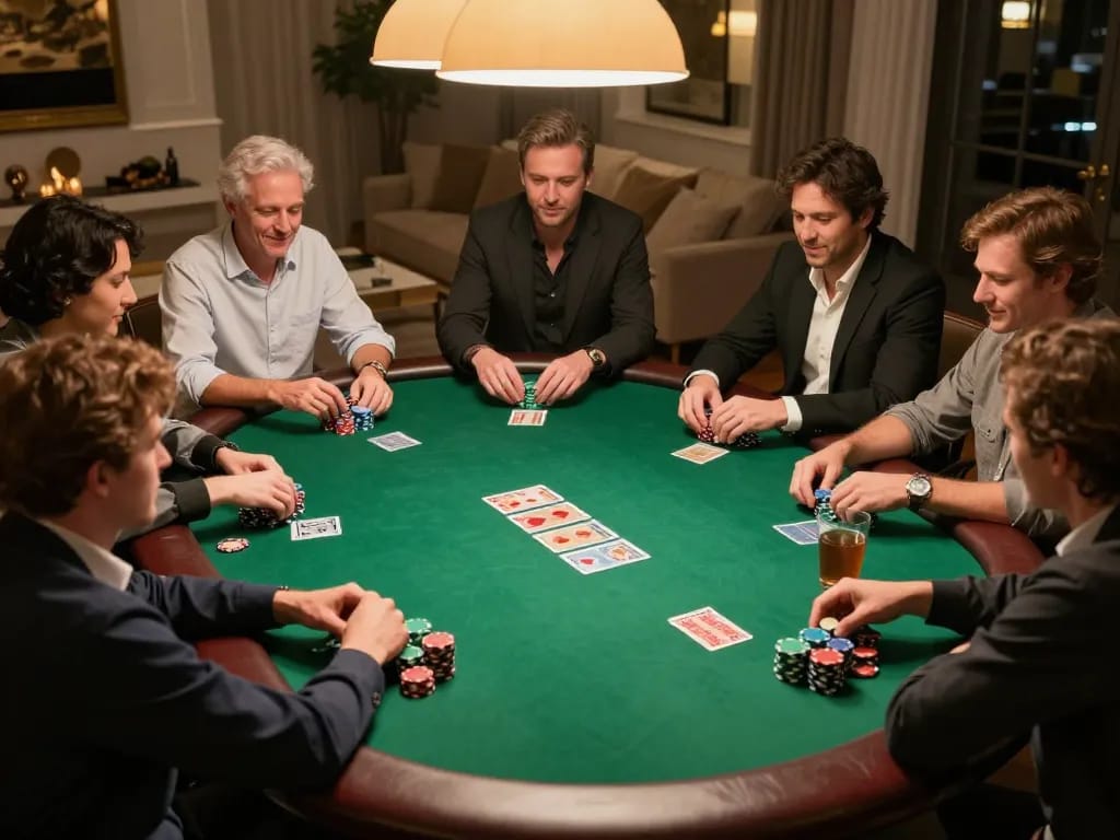 VIN88 poker game in a friendly home atmosphere with players and chips highlighted