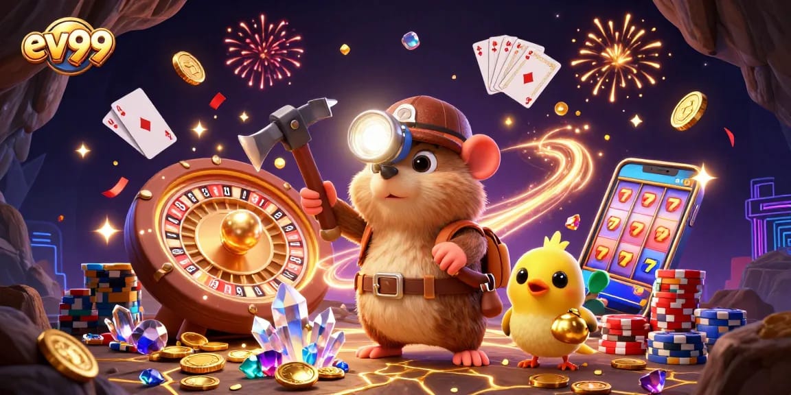 Experience thrilling gambling action with ev99 in a vibrant 3D casino illustration.