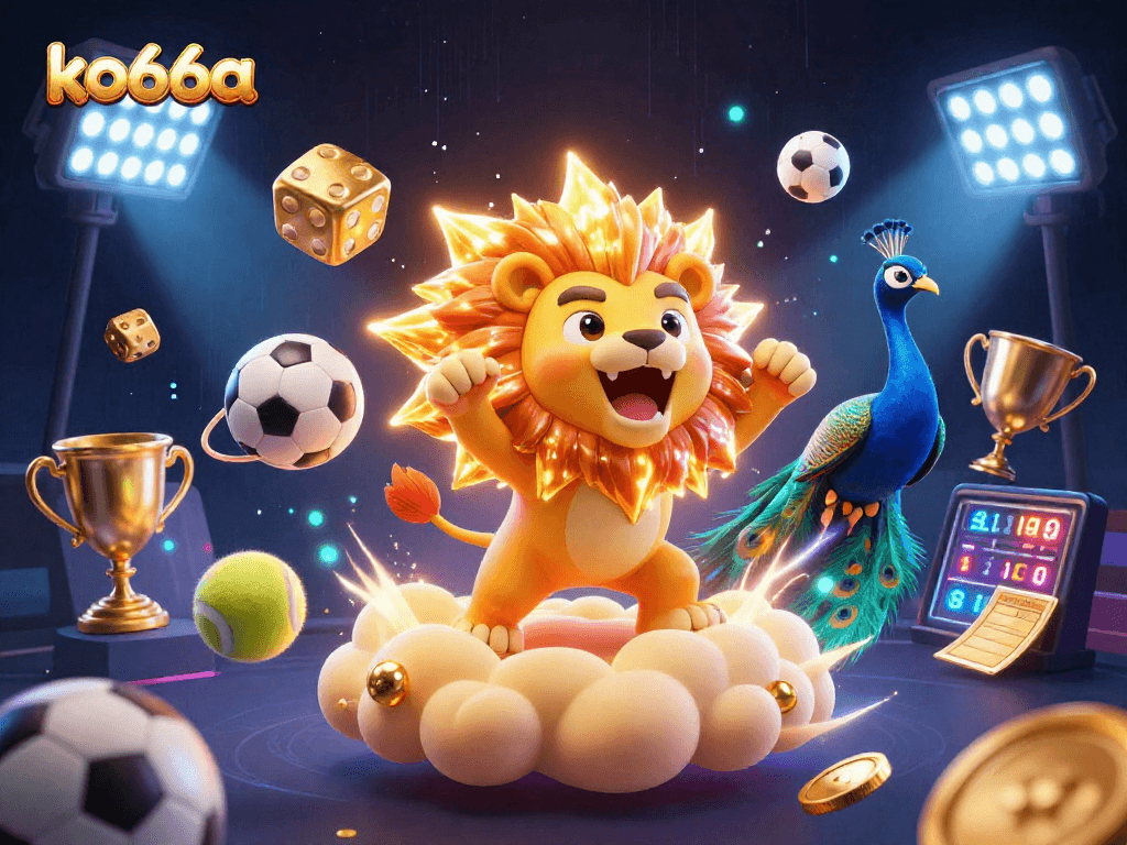 Engage with ko66a's vibrant casino world featuring a roaring sun lion, dynamic sports elements, and thrilling energy!