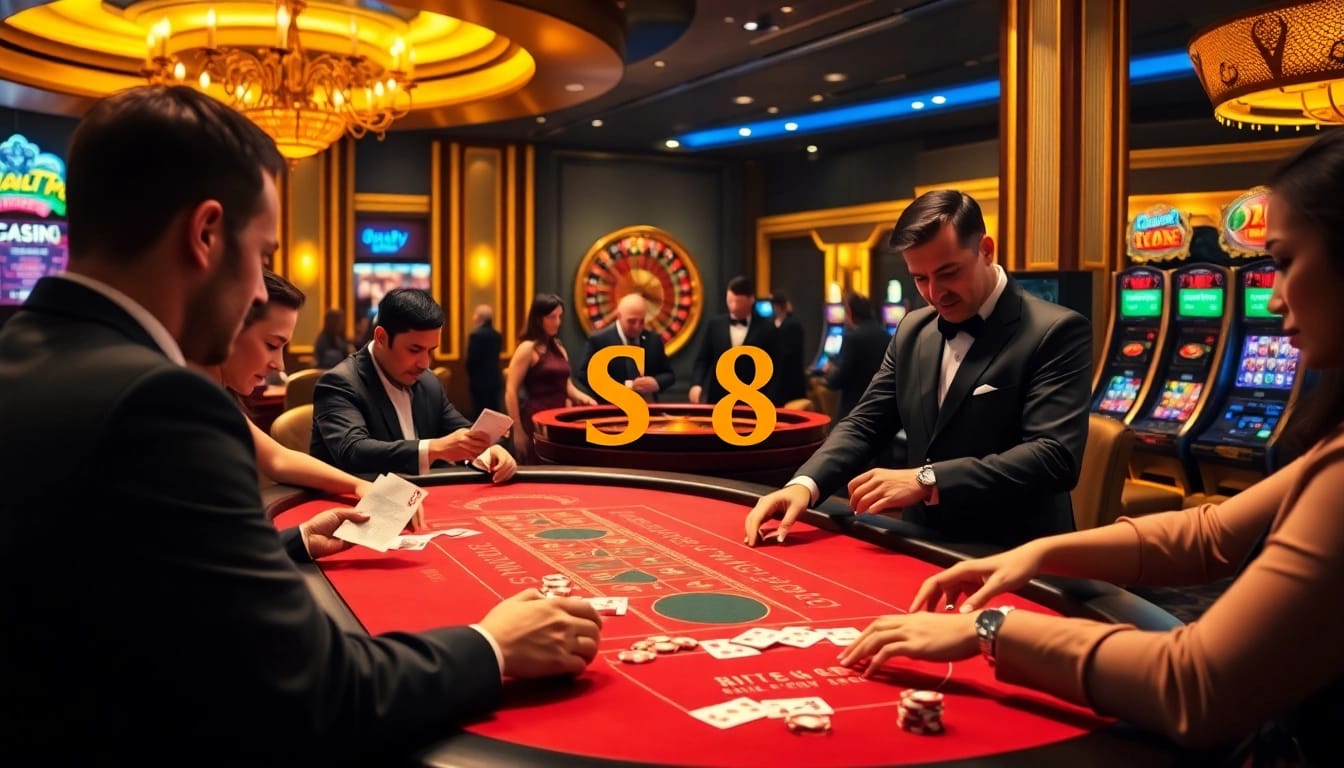 Engage with the thrilling atmosphere at S8's premium casino tables with players and croupiers in action.