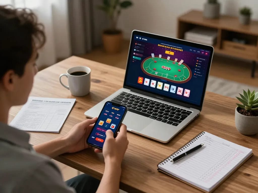 Player using MMOO mobile app for casino gaming, engaged in strategic betting.
