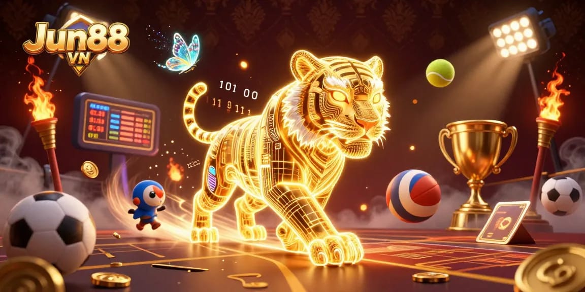 Experience the thrill of Jun88 VN as a golden tiger prowls a vibrant digital casino