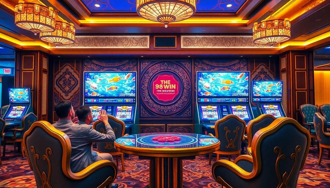 Bắn cá 98Win players joyfully shooting fish for rewards in a vibrant casino environment.