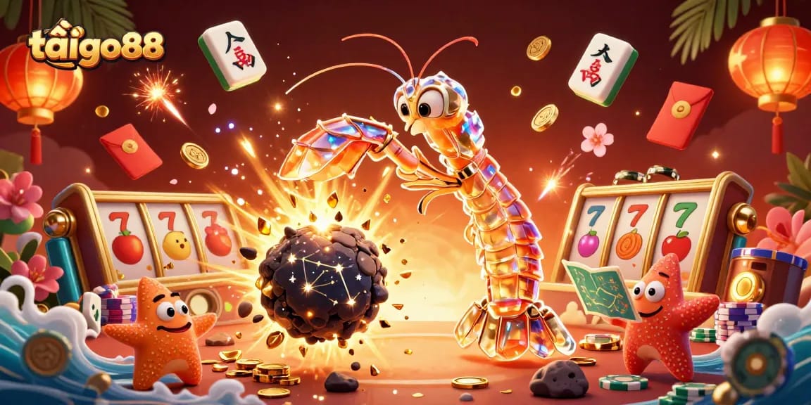 Engage in the thrill of tải go88 with a dynamic scene of a galactic samurai mantis shrimp and treasures.