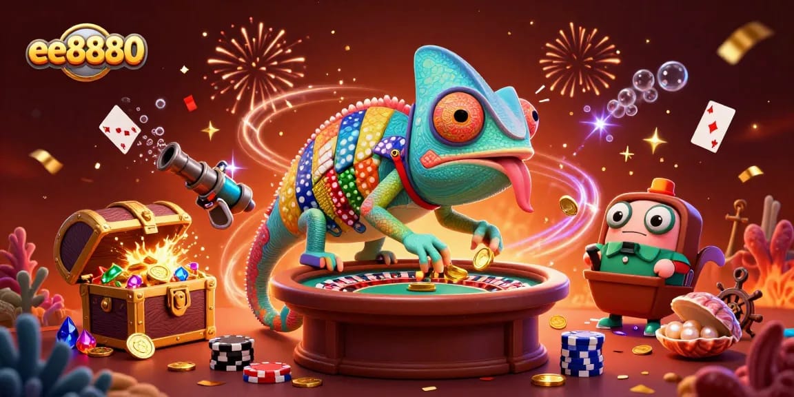Engage with the exciting world of ee8880 as the chameleon casino owner captures golden coins amidst vibrant casino elements.