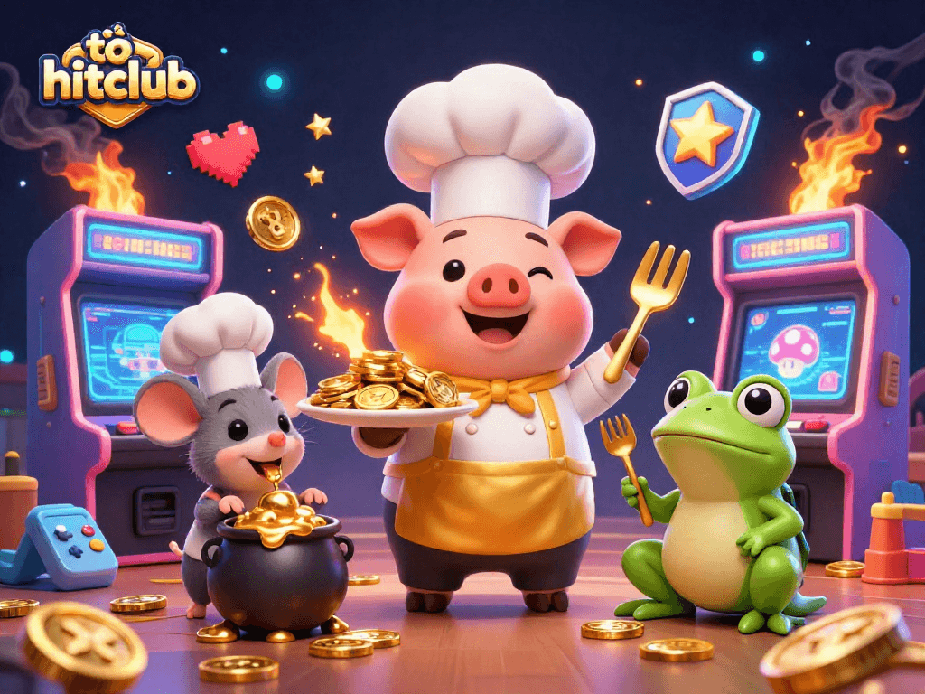 Engage with the vibrant scene showcasing tải hitclub featuring a cheerful cartoon chef pig serving gold coins amidst arcade machines.