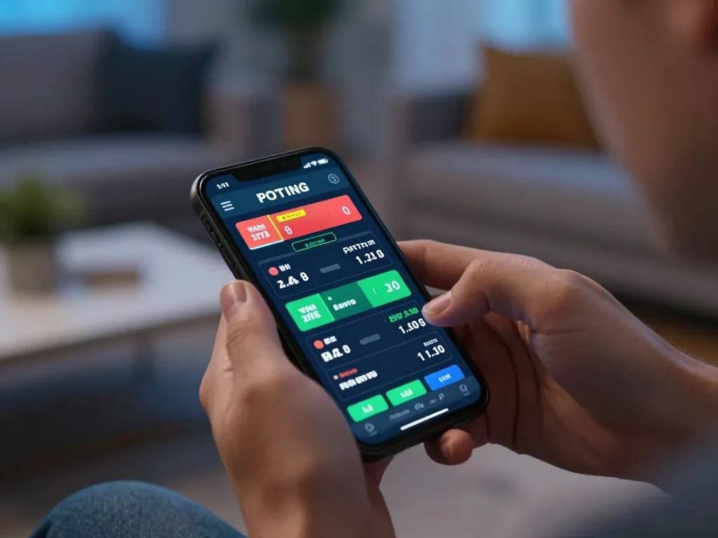 VT88 sports betting app showing live odds in a cozy setting with engaged user.