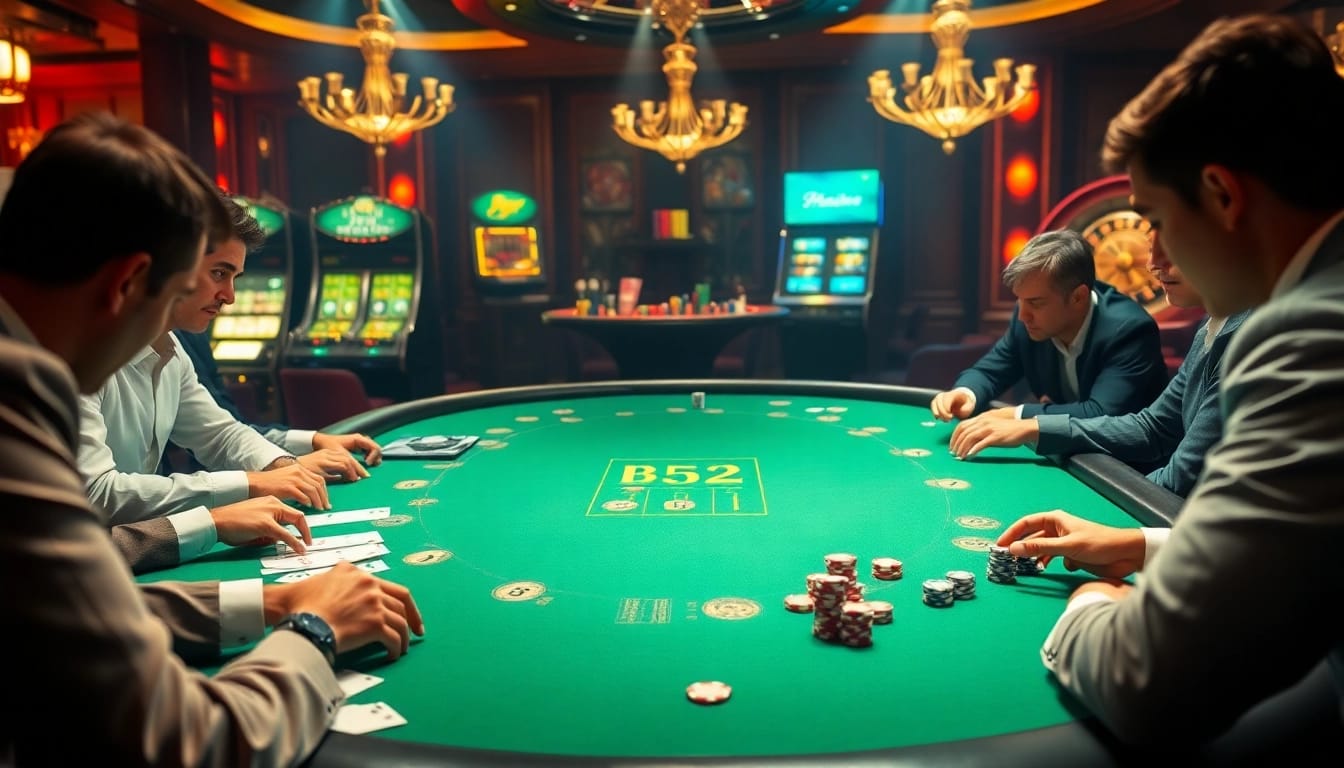 Experience the luxury of B52 casino gaming with players on a vibrant poker table.