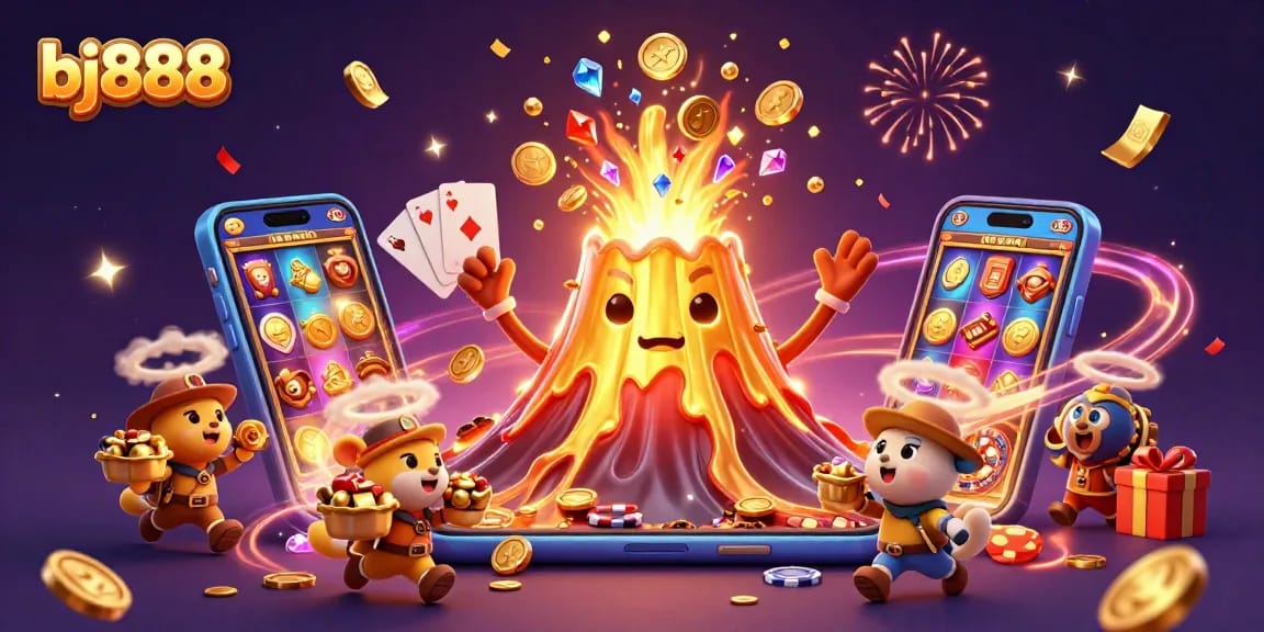 Win big at bj888 with an epic 3D scene of a golden volcano erupting coins and playful explorers.