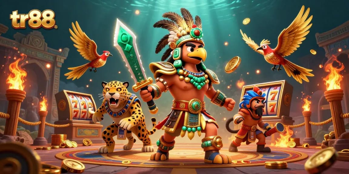 Embark on thrilling adventures at tr88, featuring vivid casino elements like slot reels and golden treasures.