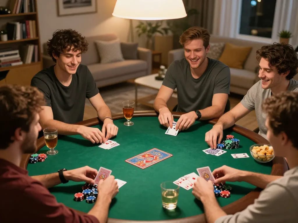 Friends engaging in a poker night with FC88 strategy discussion and vibrant gameplay.