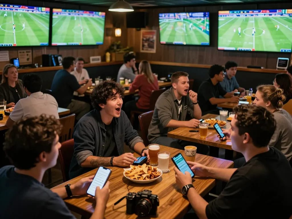 Viewers engaging in trực tiếp đá bóng in a lively sports bar with screens and fans cheering.