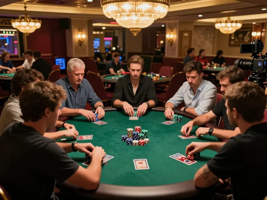 RR88 poker players strategizing during an intense game in a luxury casino atmosphere.
