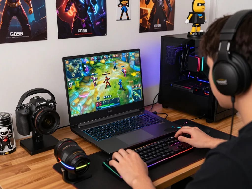 Player immersed in a GO99 gaming experience with vivid graphics and gaming gear.