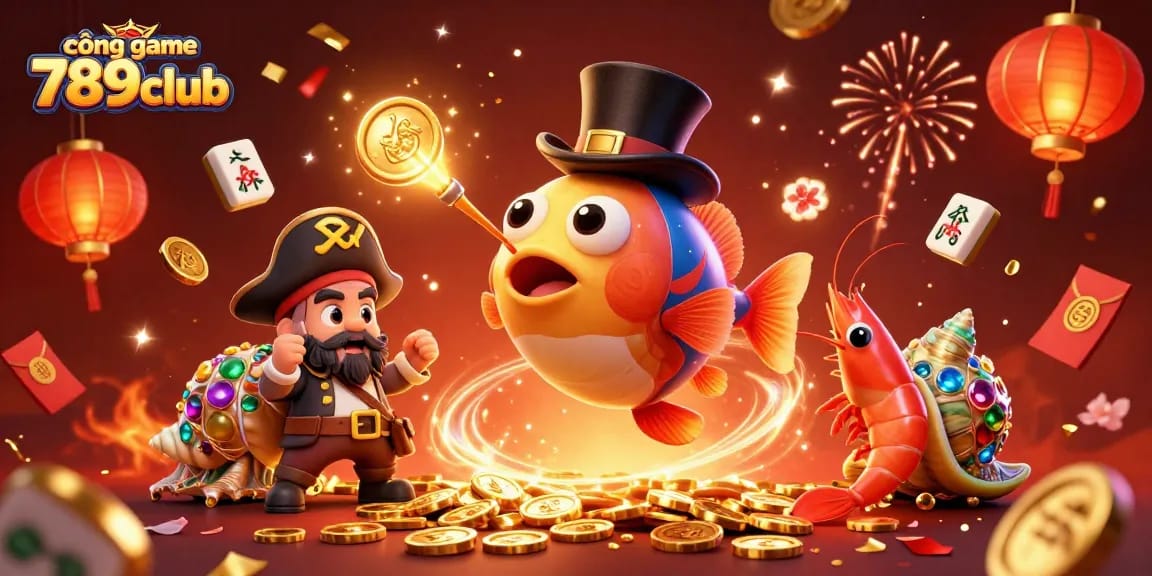 Exciting 3D scene showcasing cổng game 789club with animated characters celebrating casino winnings amidst vibrant decorations.