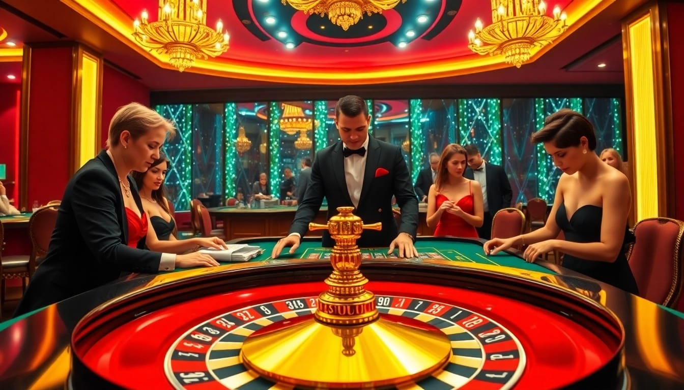 Players enjoying a thrilling roulette game at https://ga888v.net/ with a glamorous casino backdrop.