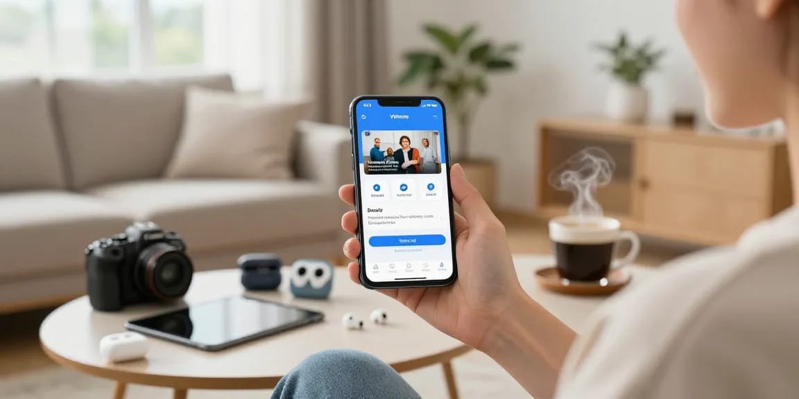 Engaged user exploring Vidmate APK on a smartphone for video downloads in a bright living room.