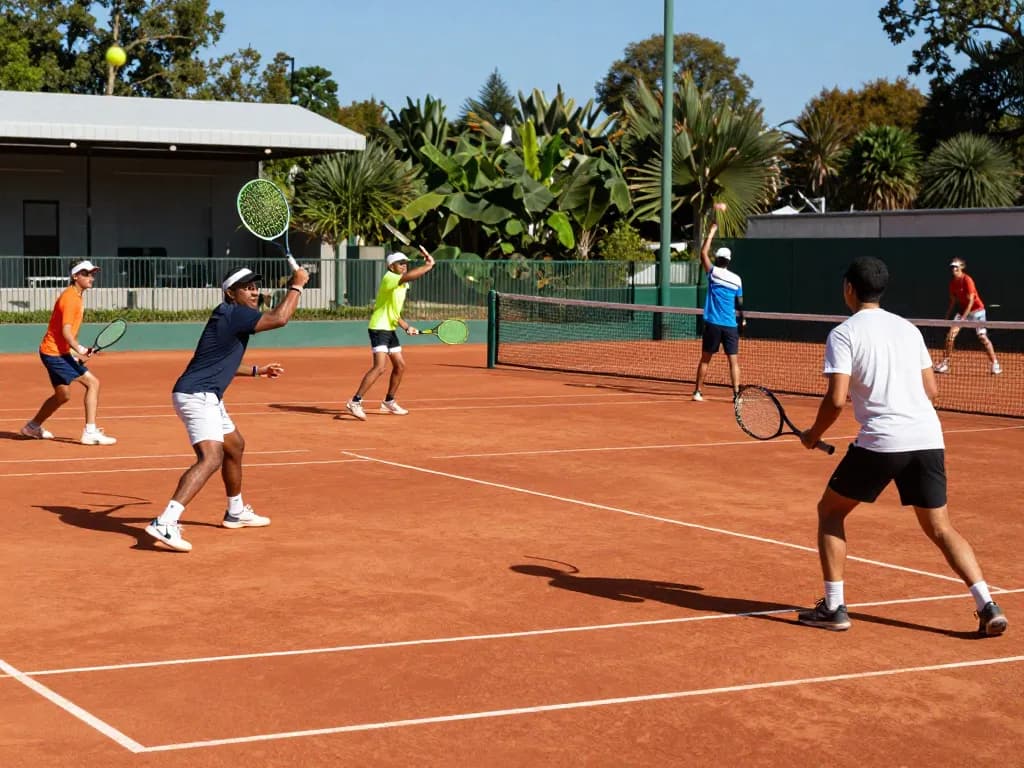 Hybrid Clay tennis court scene showcasing players enjoying vibrant matches with authentic red clay, emphasizing performance and energy.