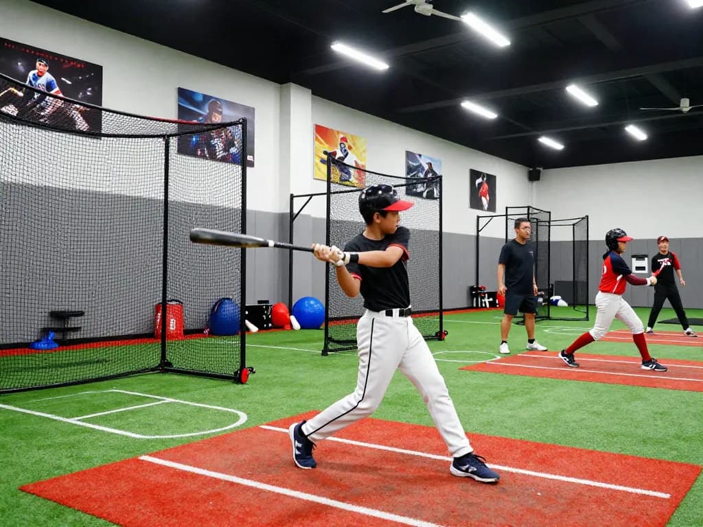 Young athlete practicing at Hitclub indoor training facility, focused on baseball batting techniques.