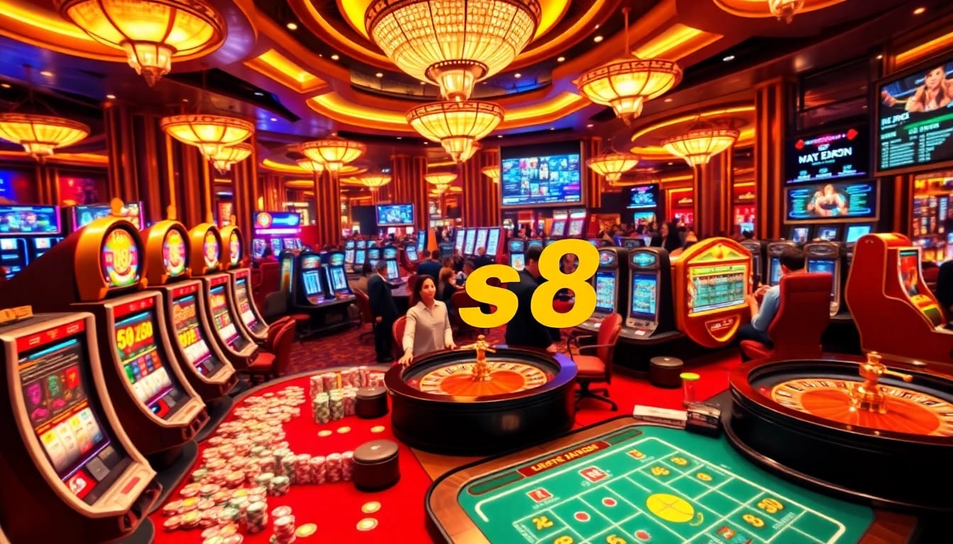 Exciting gambling atmosphere showcasing đăng Ký s8 with vibrant tables and slot machines.