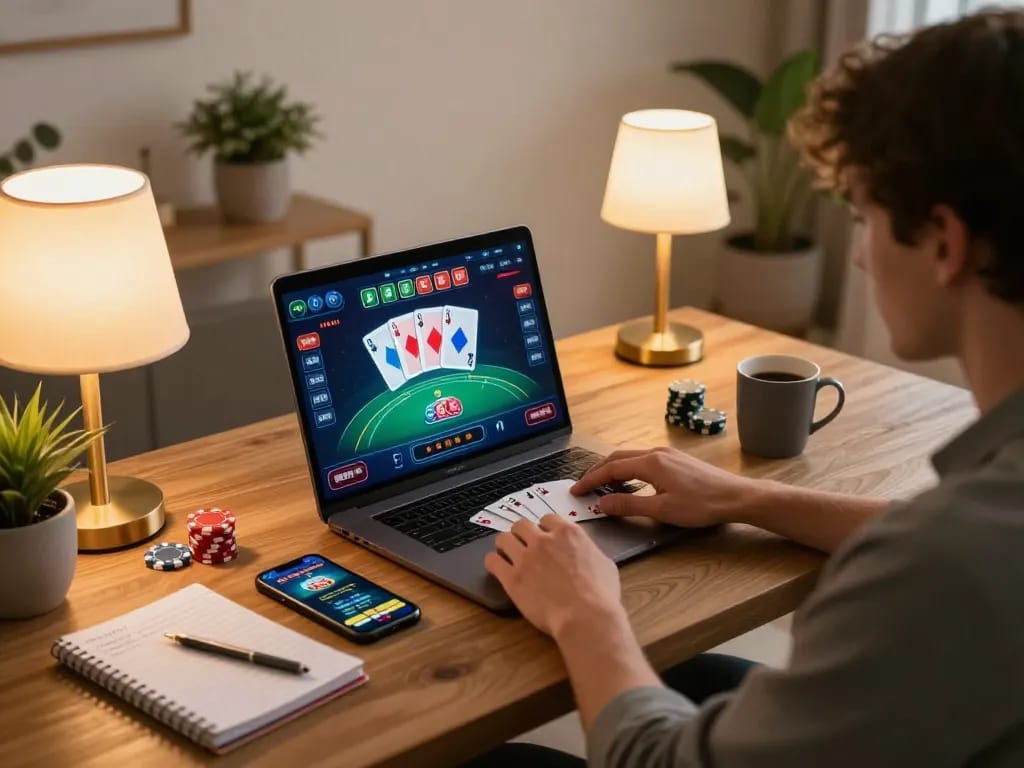 Player enjoying 99Win poker game experience at home with strategic setup.