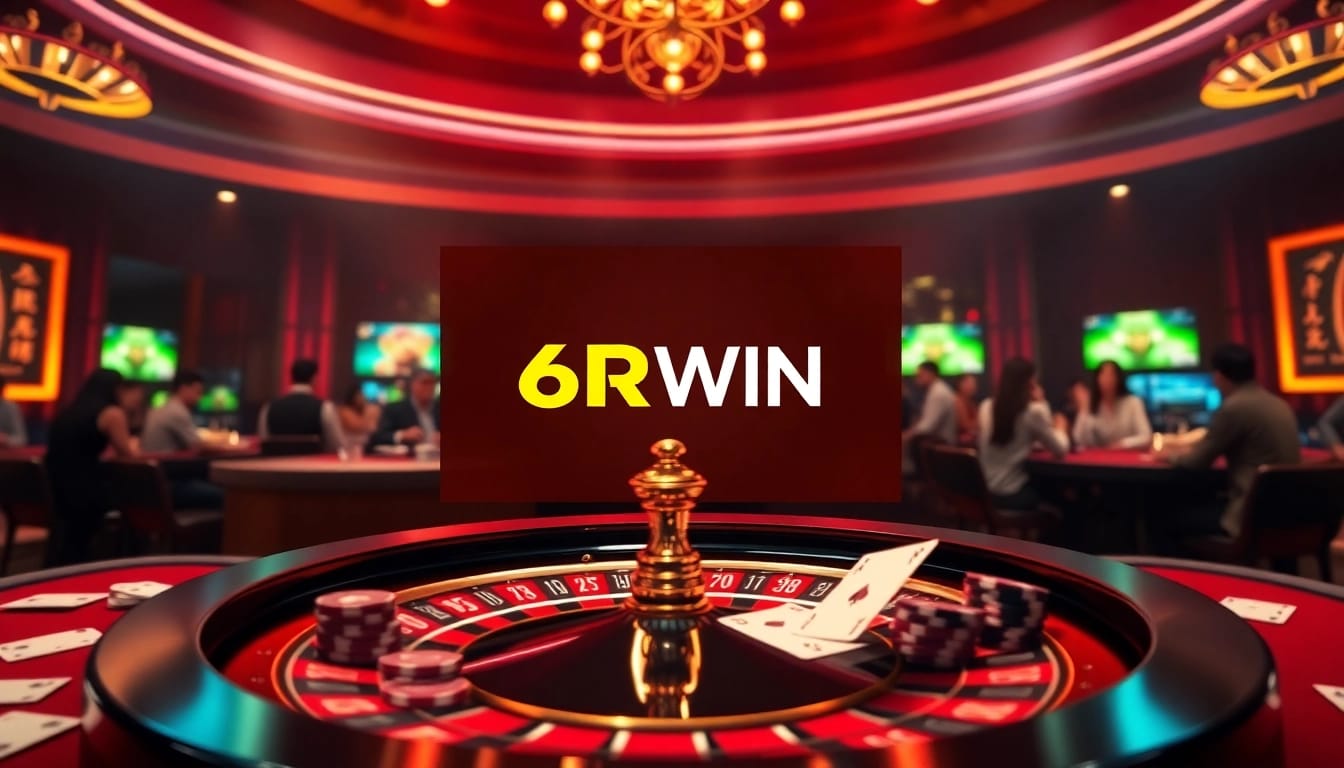 Experience thrilling online gambling with 6RWIN featuring roulette, poker chips, and a vibrant casino atmosphere.