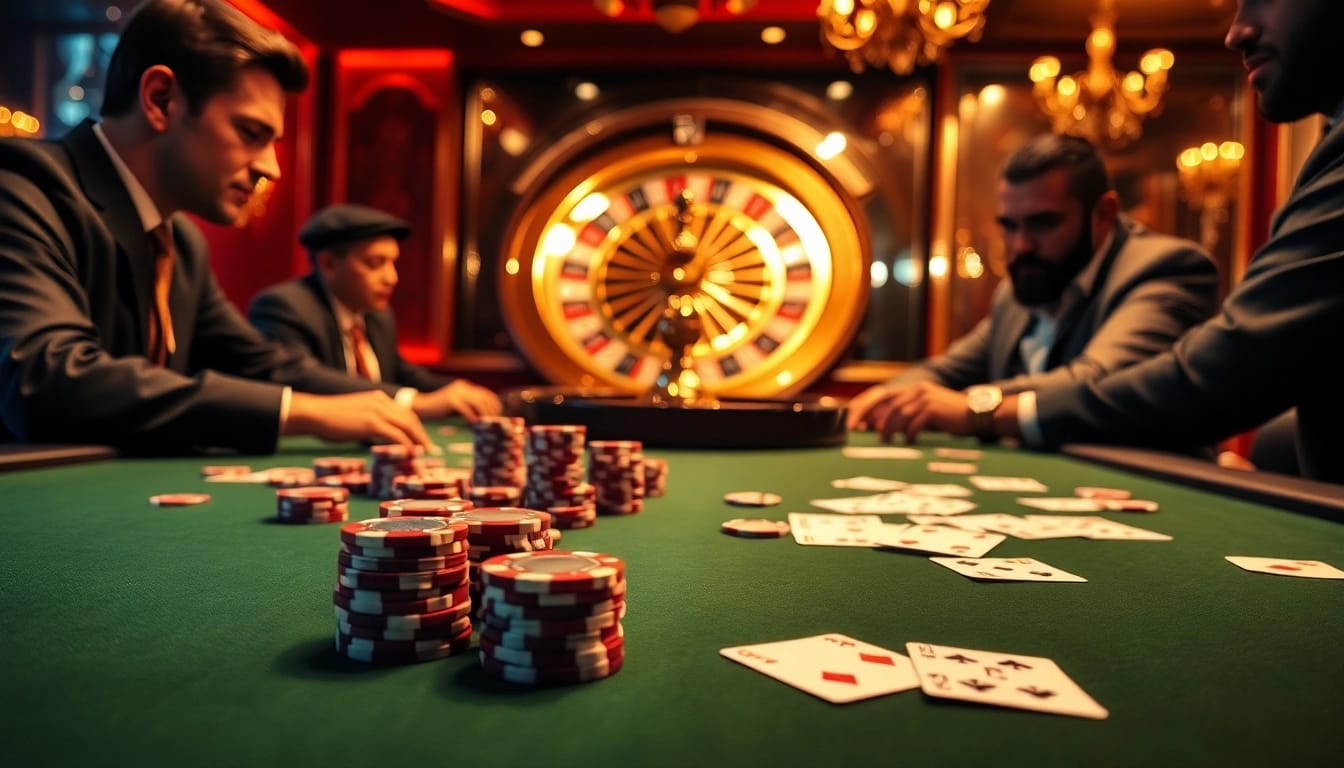 Players engaged in a high-stakes game at Luck8's luxurious casino table, emphasizing excitement.