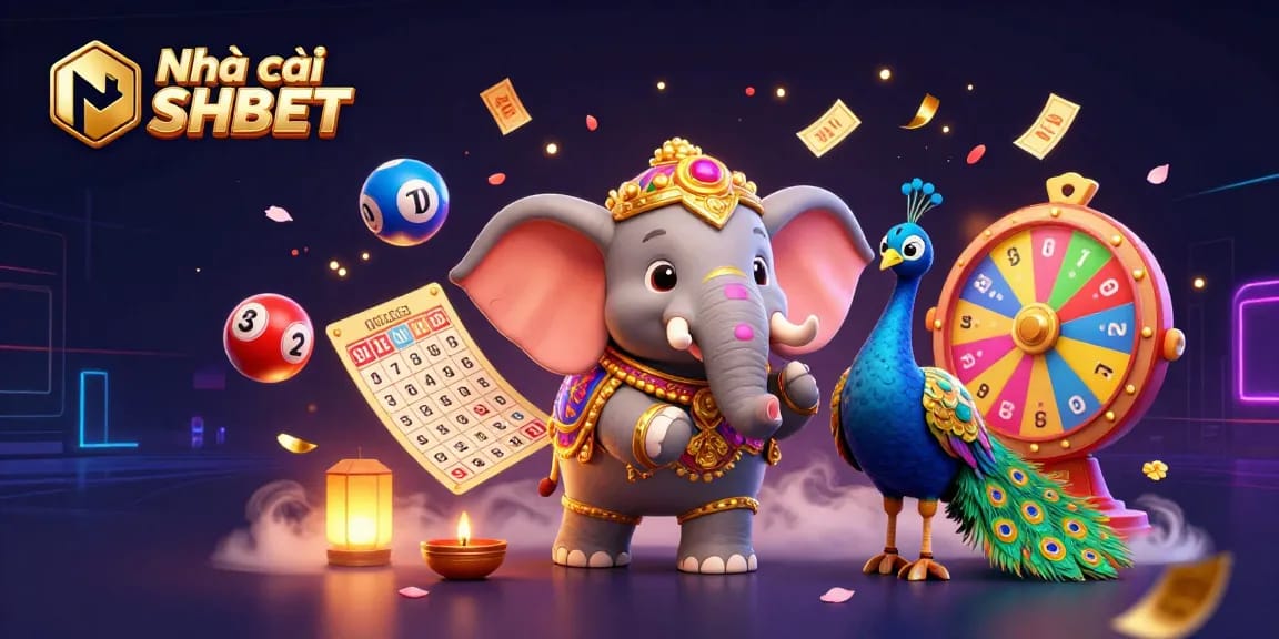 Play exciting games with Nhà cái SHBET, featuring vibrant characters and dynamic lottery elements in a captivating casino scene.
