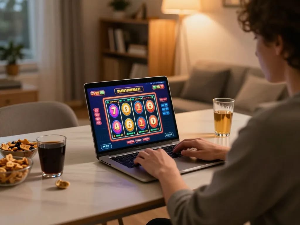 Engaging gaming session on laptop showcasing MB66 online slots interface in cozy home setting
