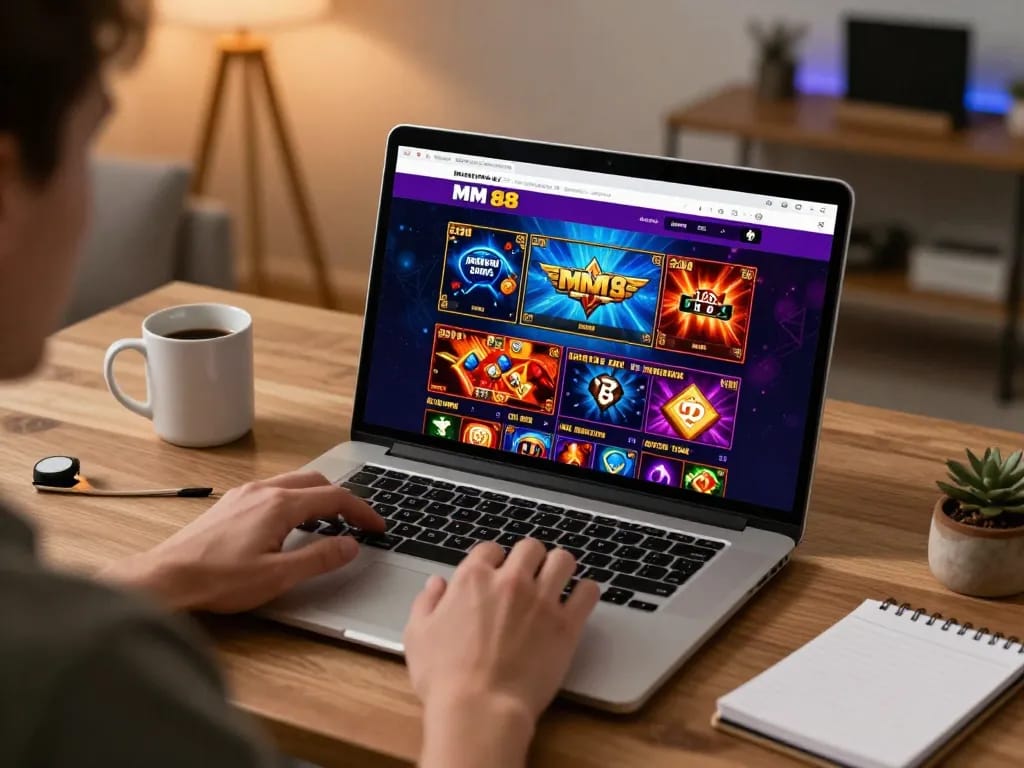 Engaged player using MM 88 online casino on laptop for strategic betting.