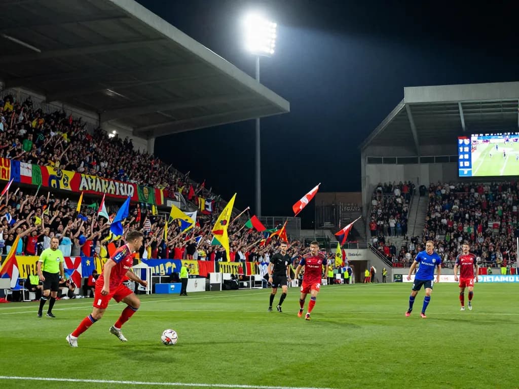 Live football action game with players competing intensely and fans cheering, showcasing ฟุตบอล excitement
