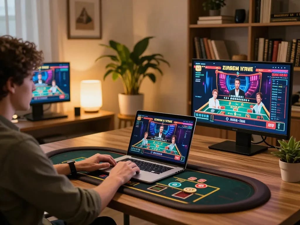 B52 players engaging in a live dealer game at home, showcasing the excitement of online gambling.