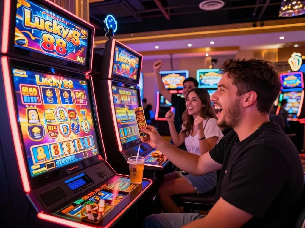 Exciting gameplay on Lucky 88 slot machine with player celebrating a win in vibrant casino.