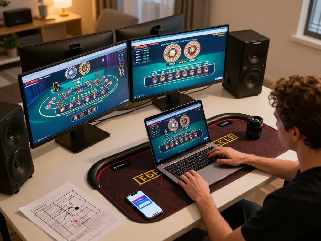 Engaging online gameplay with LODE88 live dealer casino setup in a stylish home office.